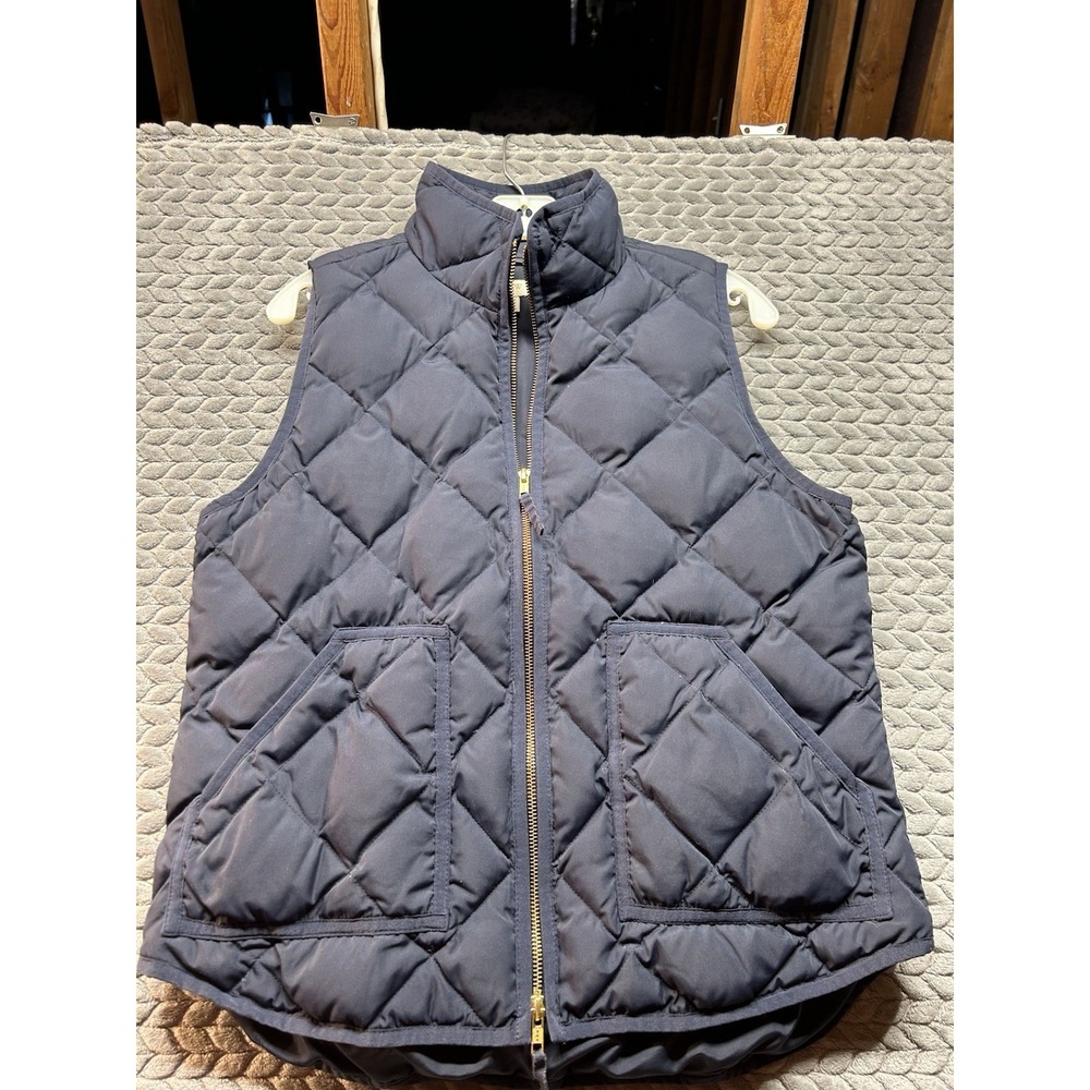 J.Crew Womens M Navy Down Puffer Vest Diamond Quilted Gold Zip Preppy